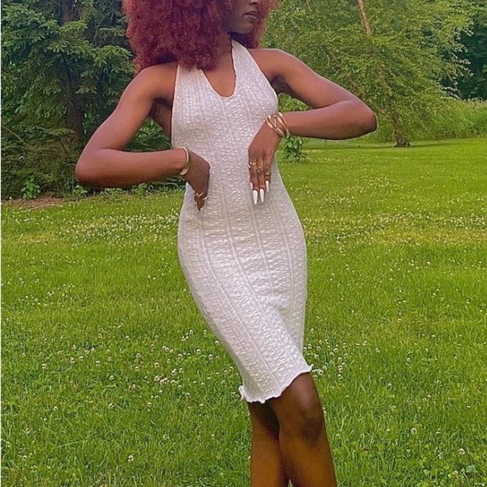 Sleeveless White Knit Halter Dress